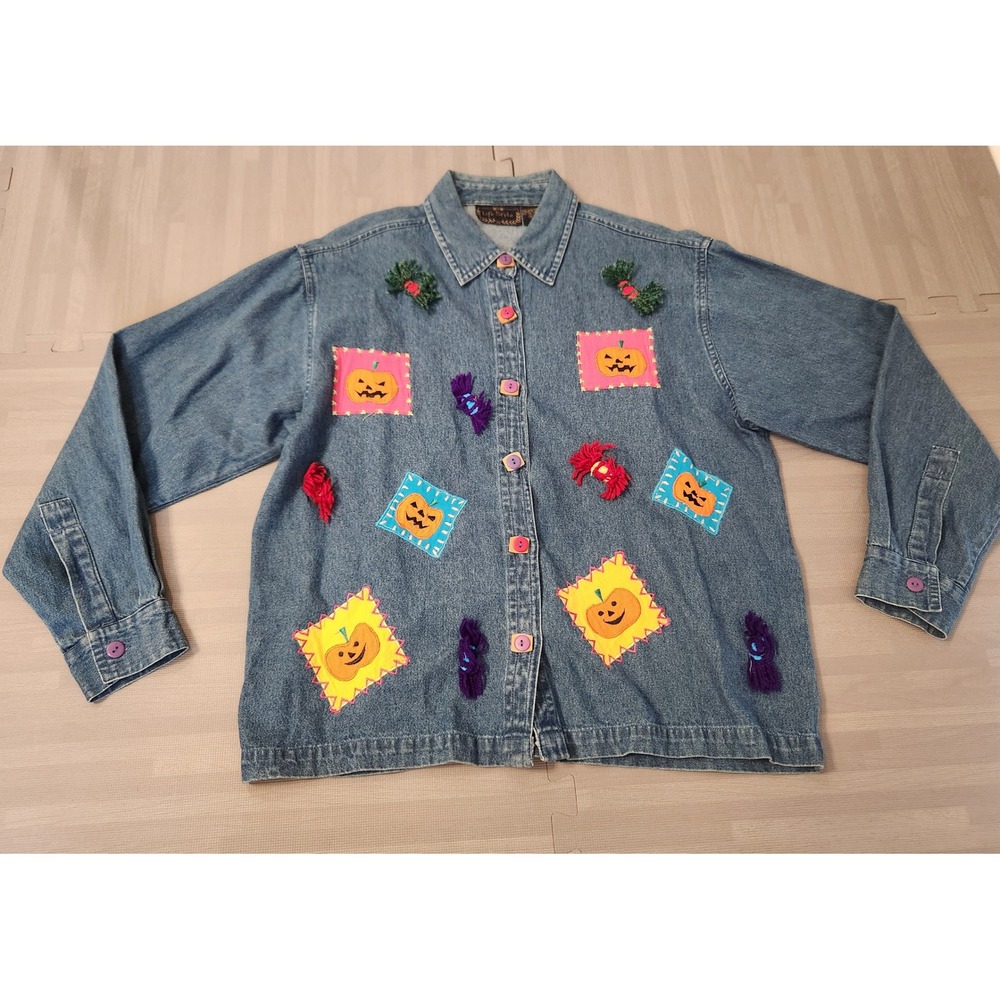 Life Style Vintage Halloween Pumpkin Denim Shirt Medium Wash Embroidered Size M